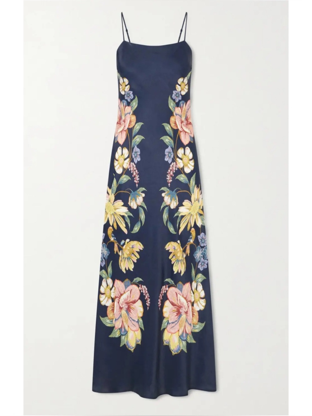 FARM RIO | Maira Floral-Print Square Neck Satin Maxi Slip Dress in Navy, Size XS